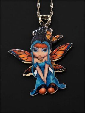 Hand Crafted ✦ Monarch Wing Fairy Girl Acrylic Pendant Necklace ✦ Silver Chain